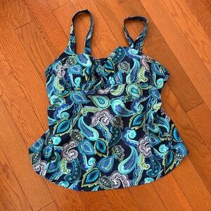 Lands End Turquoise Blue Paisley Print Built in Bra Tankini Swim Top Size 18W
